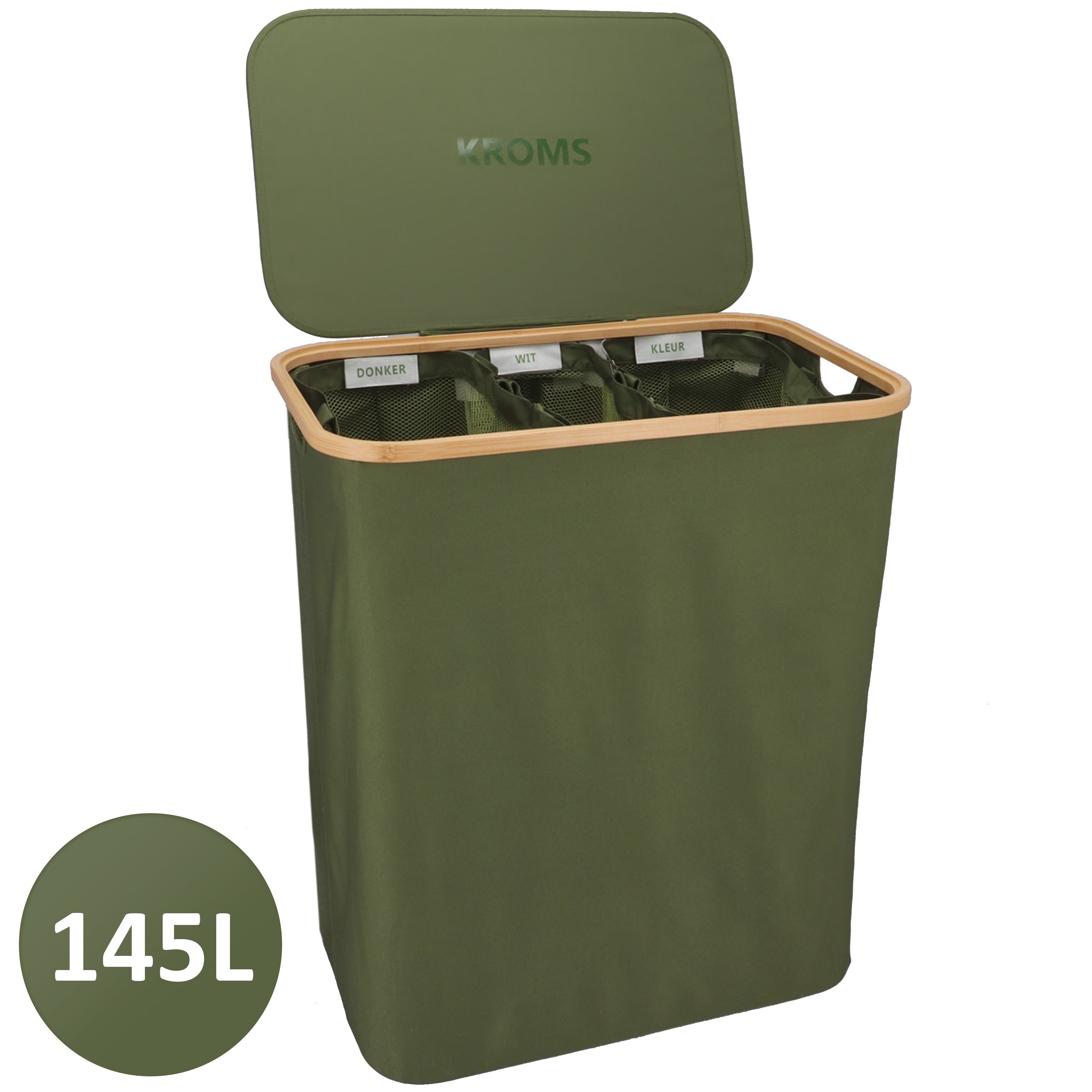印刷物 komame Wasmand Bamboe 3 vakken Olijfgroen 145L – KROMS B.V.