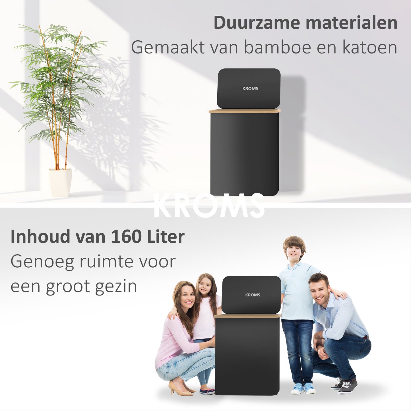 Wasmand Bamboe 3 vakken  Zwart 160L