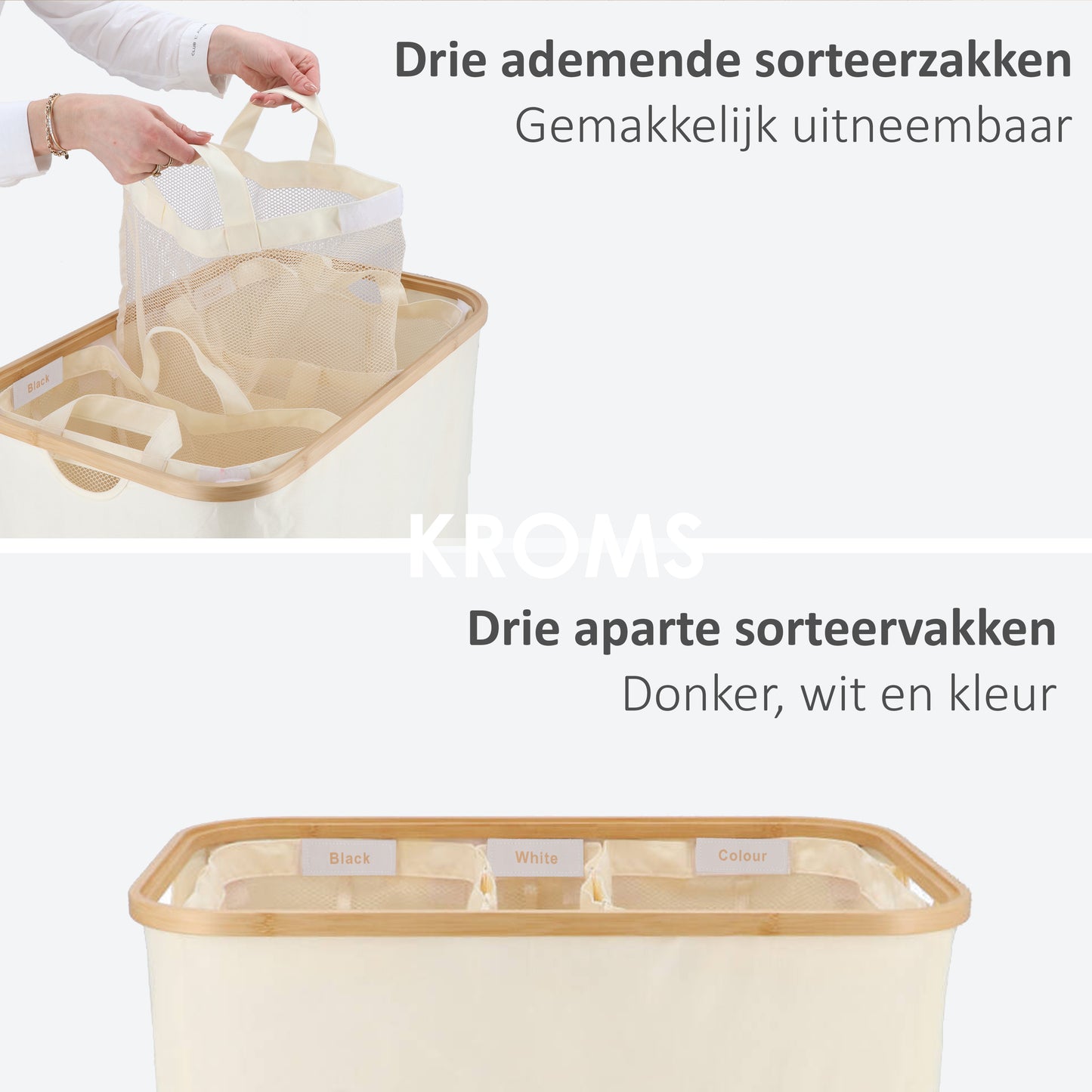 Wasmand Bamboe 3 vakken Beige 145L