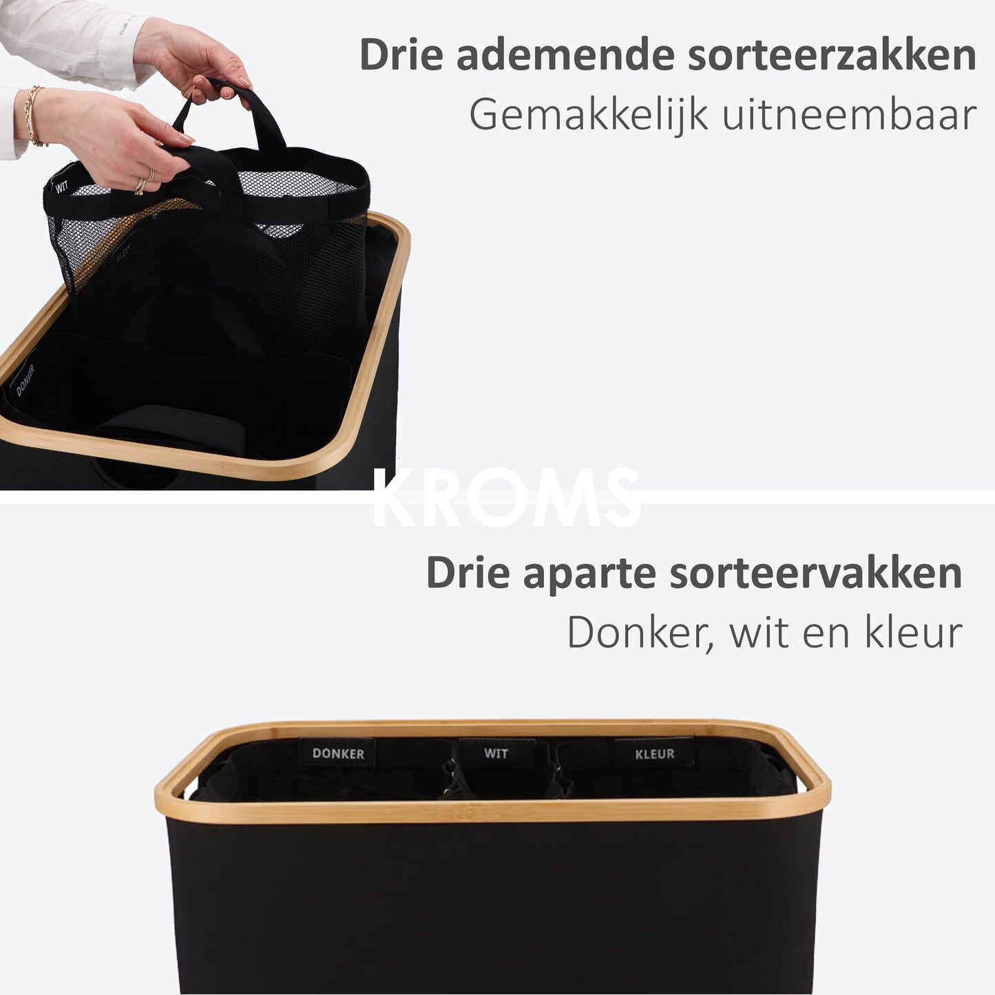 Wäschekorb Bambus 3 Fächer Schwarz 145L