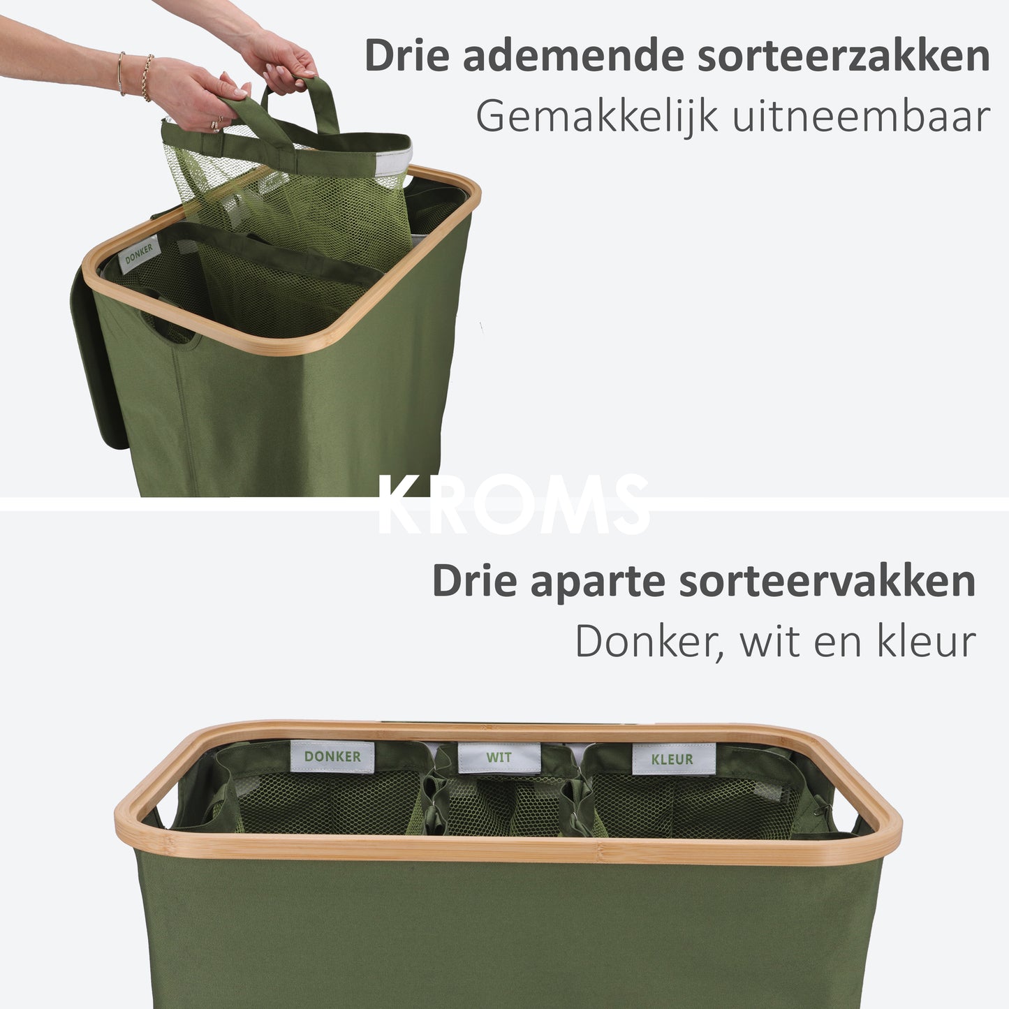 Wäschekorb Bambus 3 Fächer Olivgrün 145L
