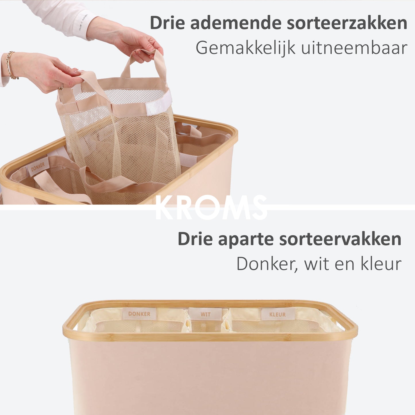 Wäschekorb Bambus 3 Fächer Sand 145L