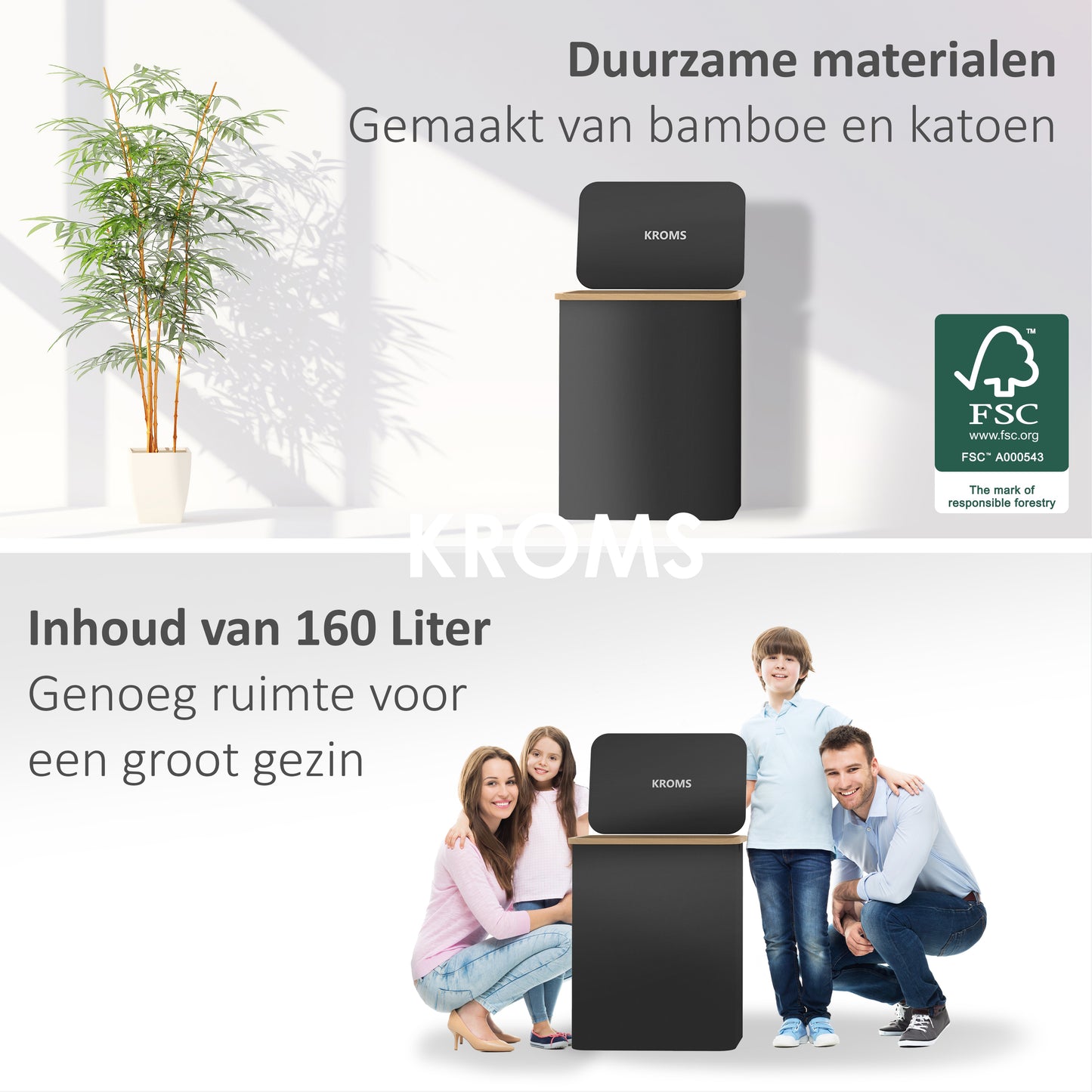 Panier à linge Bambou 3 compartiments Noir 145L