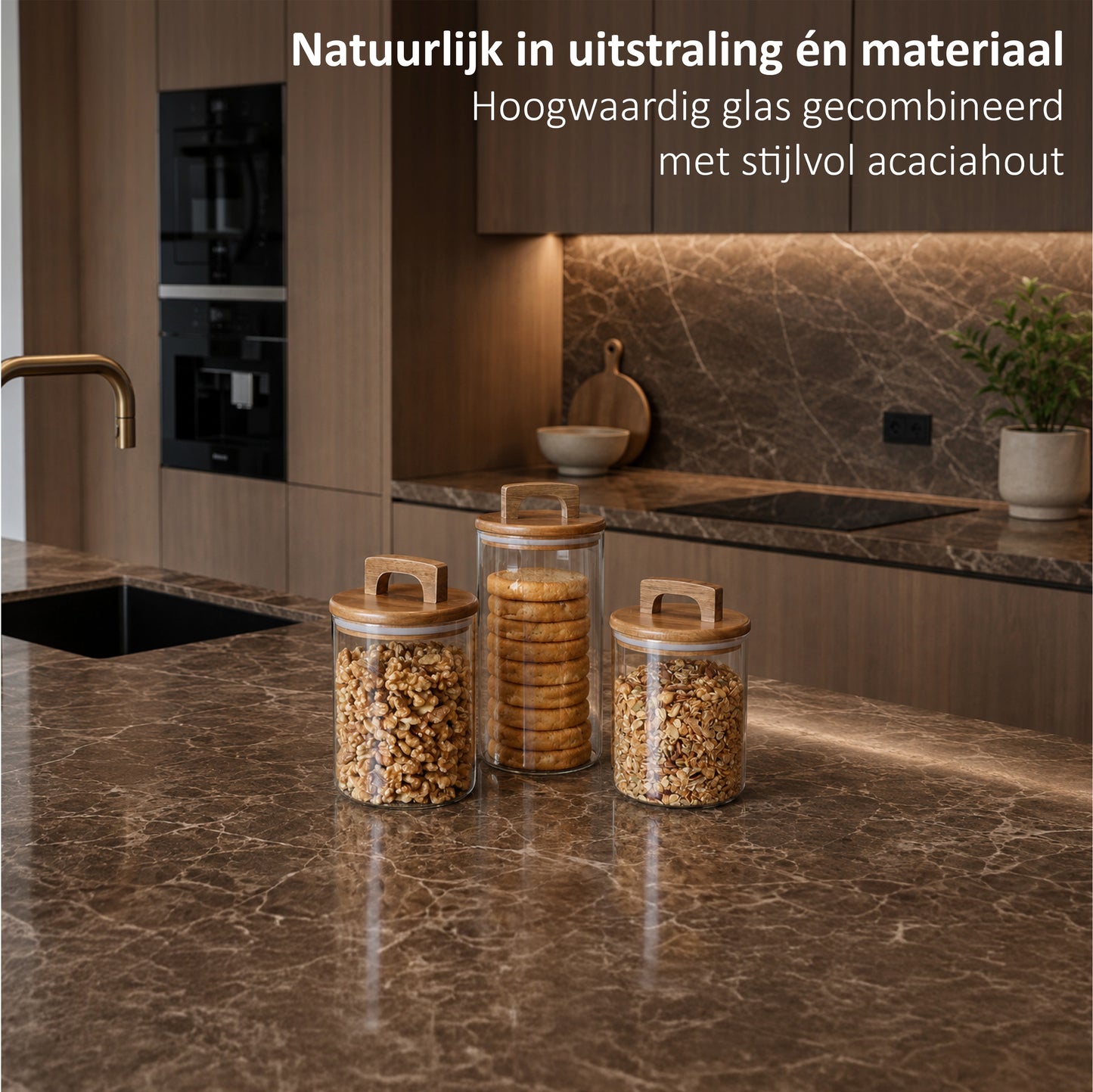 Glazen voorraadpotten met acacia deksel 4 stuks