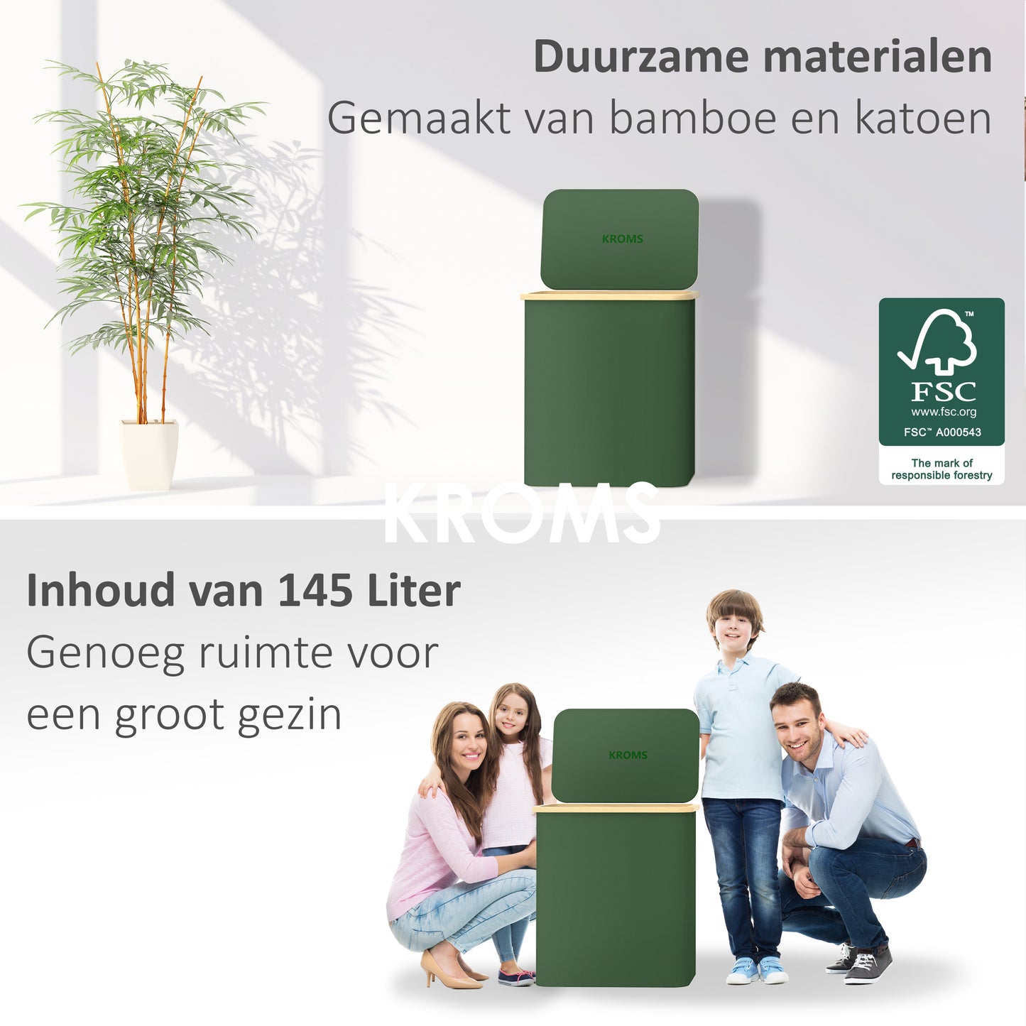 Wasmand Bamboe 3 vakken  Olijfgroen 145L